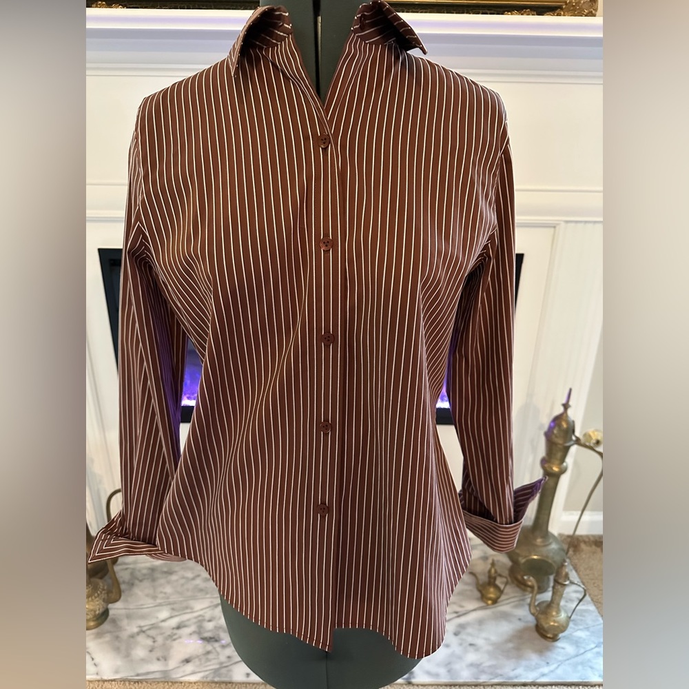 WRINKLE FREE Fitted Brown Button-up Blouse with White Pin Stripes - Size 4